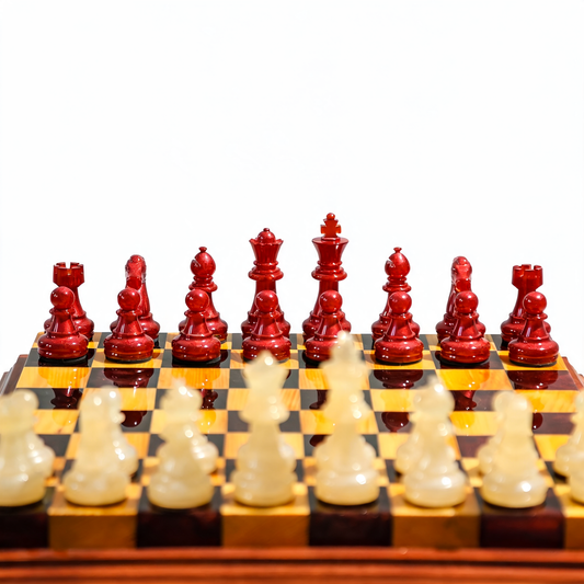 Crimson Pearl Handmade Chess Set | Pearl White & Red Wood & Epoxy Resin Granadas.store