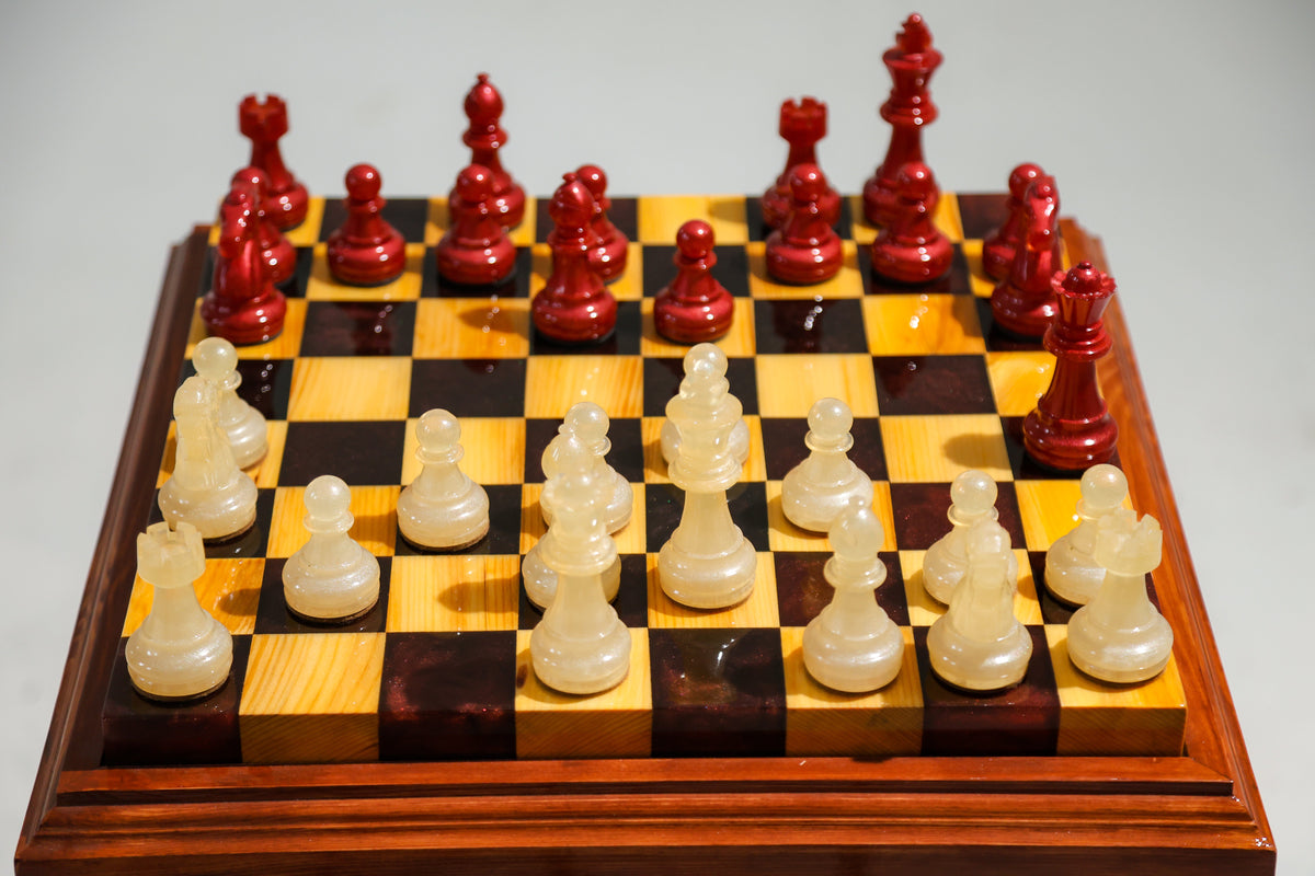 Crimson Pearl Handmade Chess Set | Pearl White & Red Wood & Epoxy Resin Granadas.store