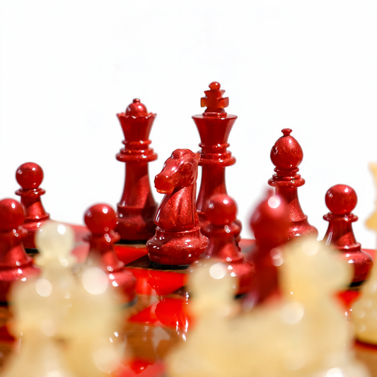 Crimson Glow Handmade Chess Set | Red & White Wood & Epoxy Resin Granadas.store
