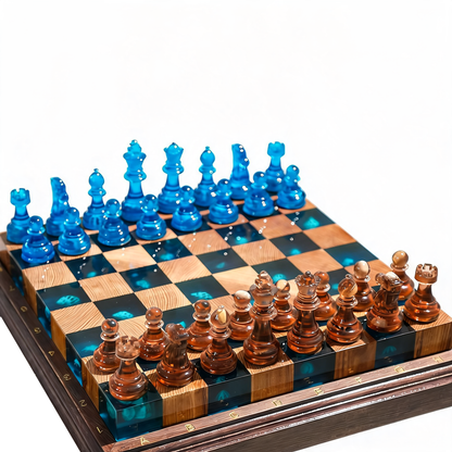 Ocean Pearl Handmade Chess Set | Blue Wood & Epoxy Resin Granadas.store