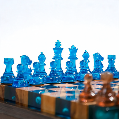 Ocean Pearl Handmade Chess Set | Blue Wood & Epoxy Resin Granadas.store