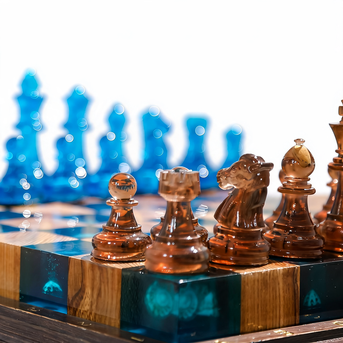 Ocean Pearl Handmade Chess Set | Blue Wood & Epoxy Resin Granadas.store