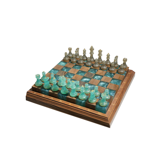 Luminous Azure Handmade Chess Set | Blue Wood, Epoxy Resin & LED Backlight Granadas.store