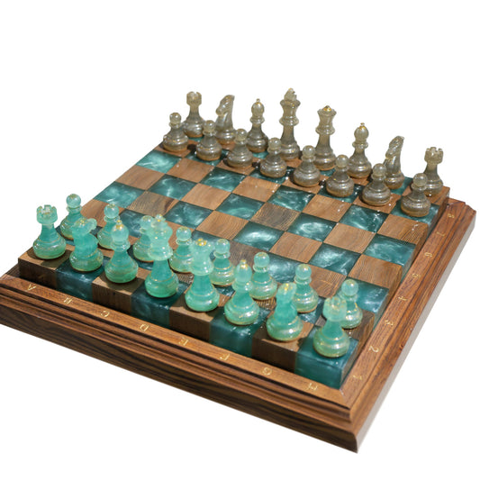 Luminous Azure Handmade Chess Set | Blue Wood, Epoxy Resin & LED Backlight Granadas.store