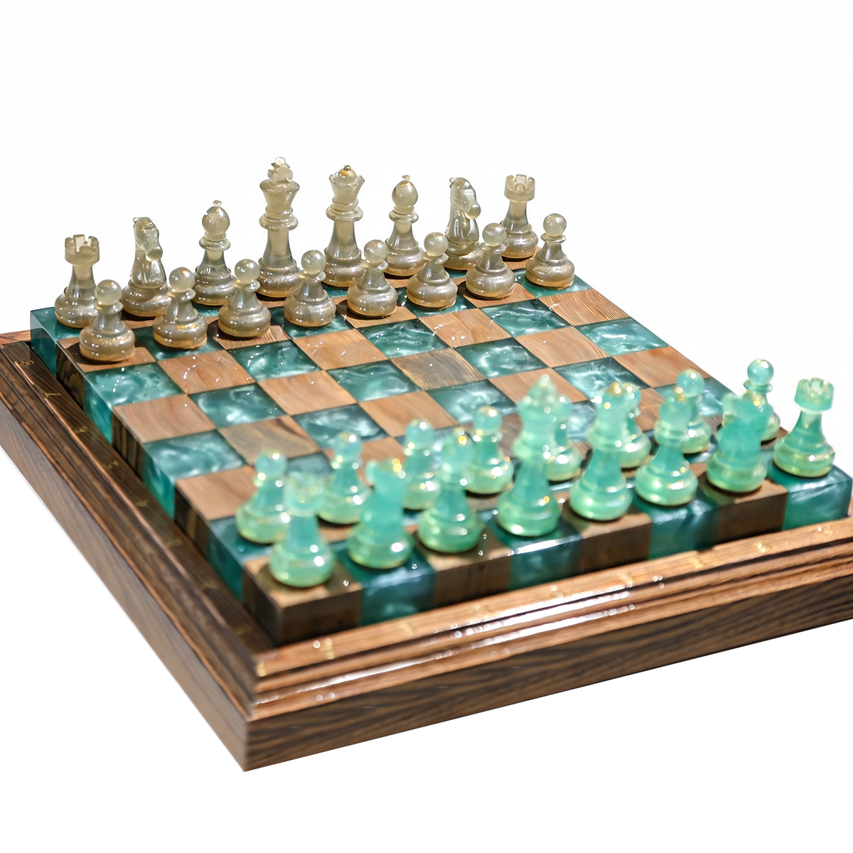 Luminous Azure Handmade Chess Set | Blue Wood, Epoxy Resin & LED Backlight Granadas.store