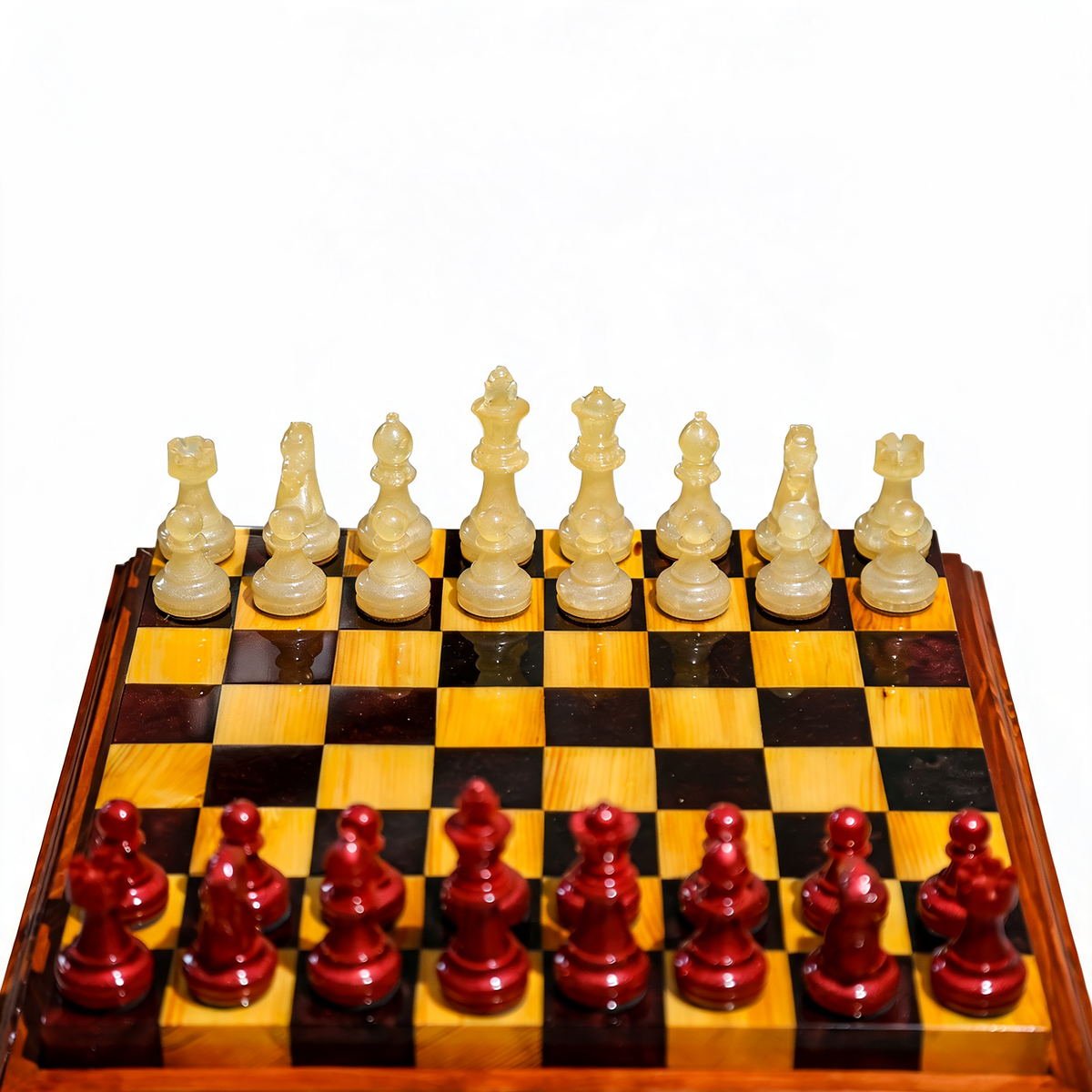 Crimson Pearl Handmade Chess Set | Pearl White & Red Wood & Epoxy Resin Granadas.store