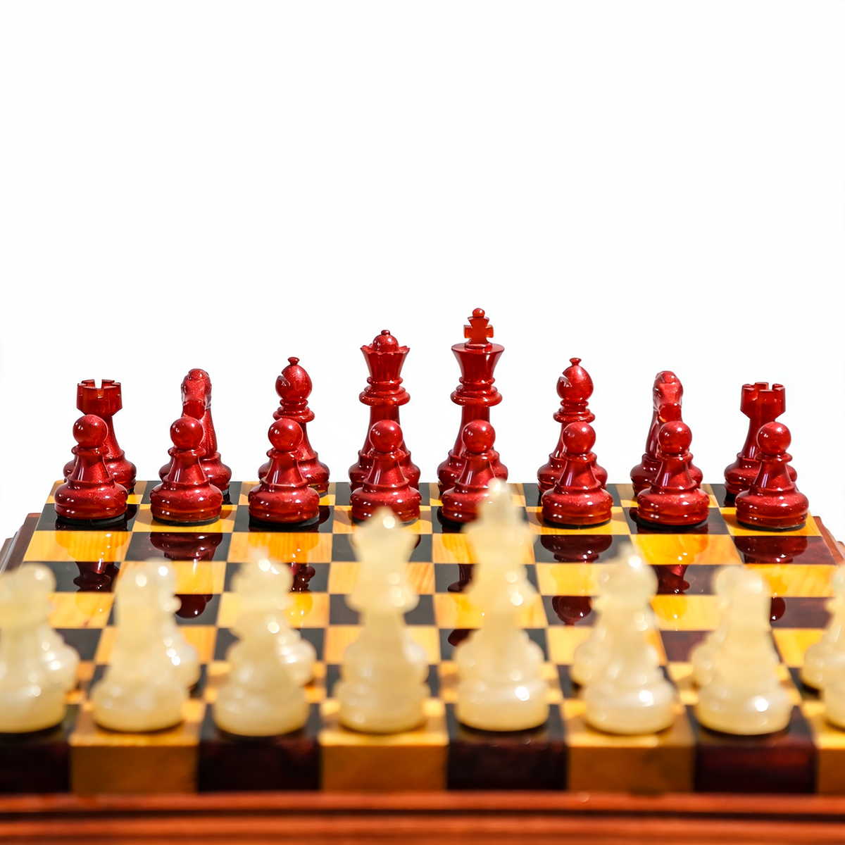 Crimson Pearl Handmade Chess Set | Pearl White & Red Wood & Epoxy Resin Granadas.store