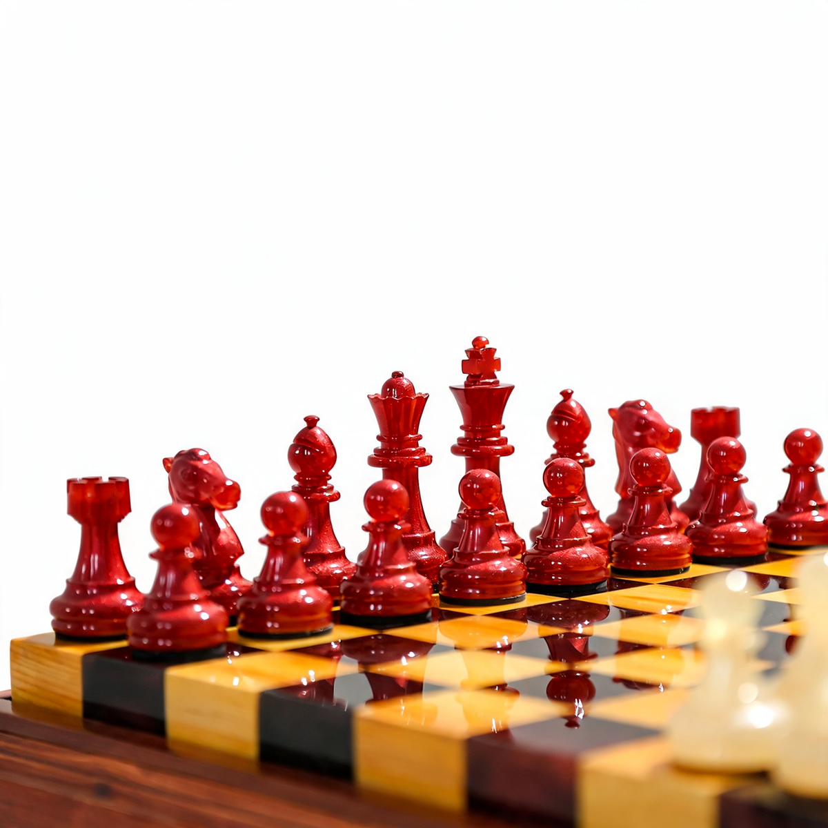Crimson Pearl Handmade Chess Set | Pearl White & Red Wood & Epoxy Resin Granadas.store