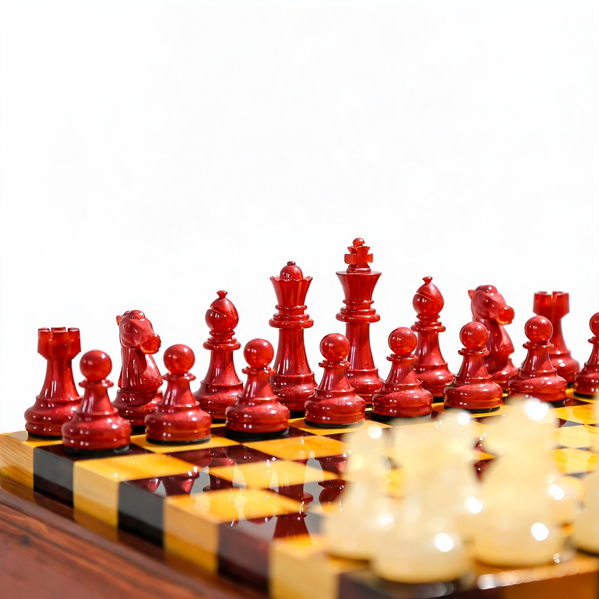 Crimson Pearl Handmade Chess Set | Pearl White & Red Wood & Epoxy Resin Granadas.store