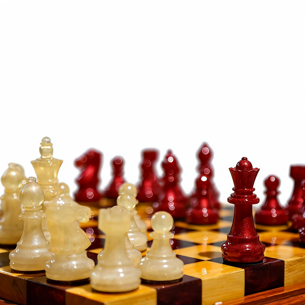 Crimson Pearl Handmade Chess Set | Pearl White & Red Wood & Epoxy Resin Granadas.store