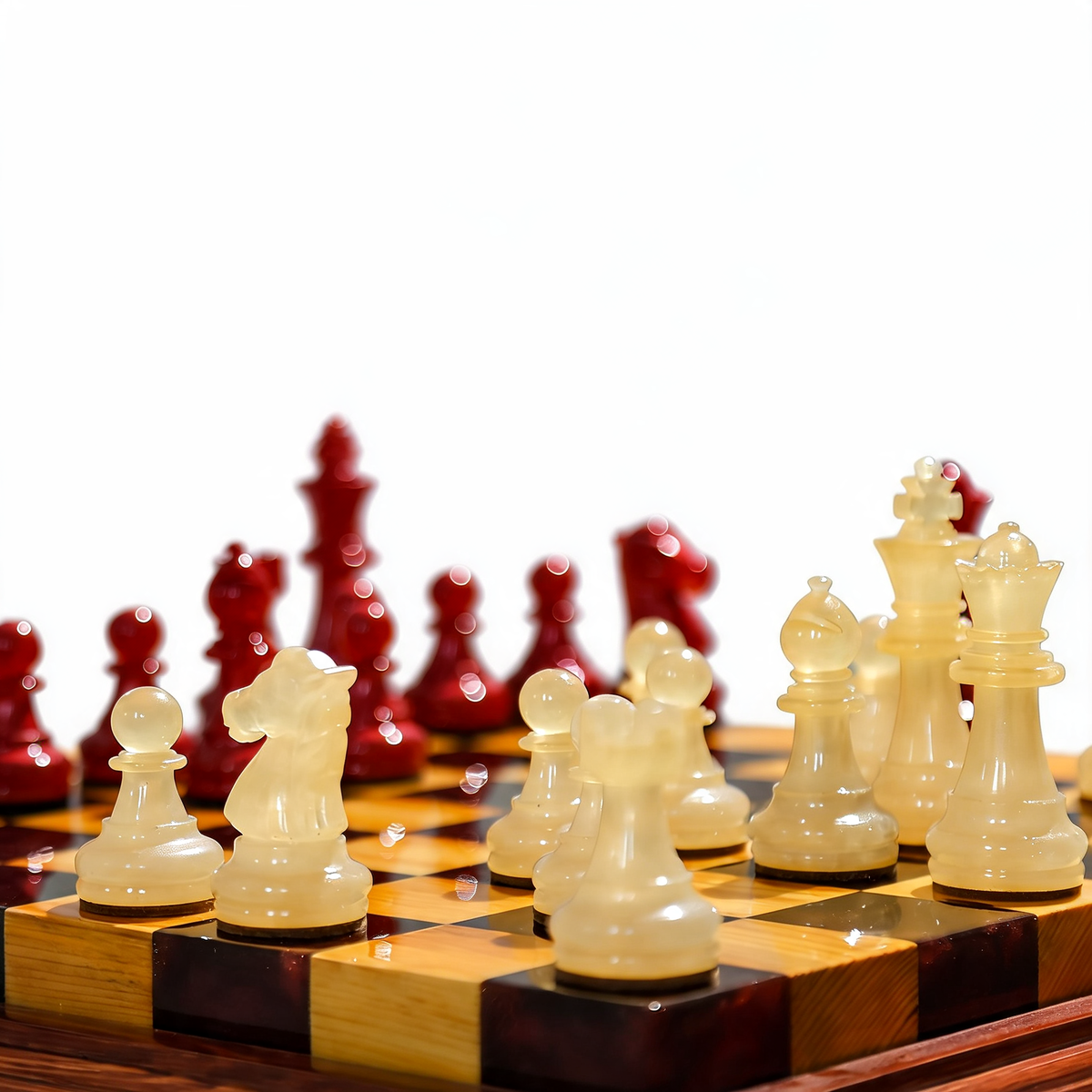 Crimson Pearl Handmade Chess Set | Pearl White & Red Wood & Epoxy Resin Granadas.store