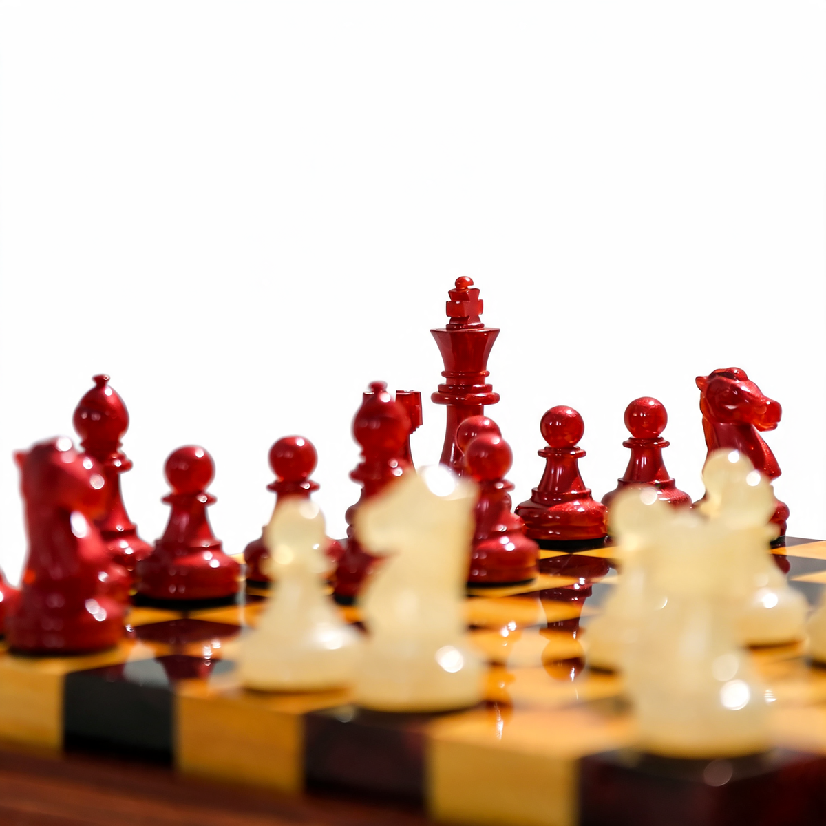 Crimson Pearl Handmade Chess Set | Pearl White & Red Wood & Epoxy Resin Granadas.store