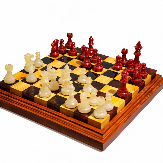 Crimson Pearl Handmade Chess Set | Pearl White & Red Wood & Epoxy Resin Granadas.store