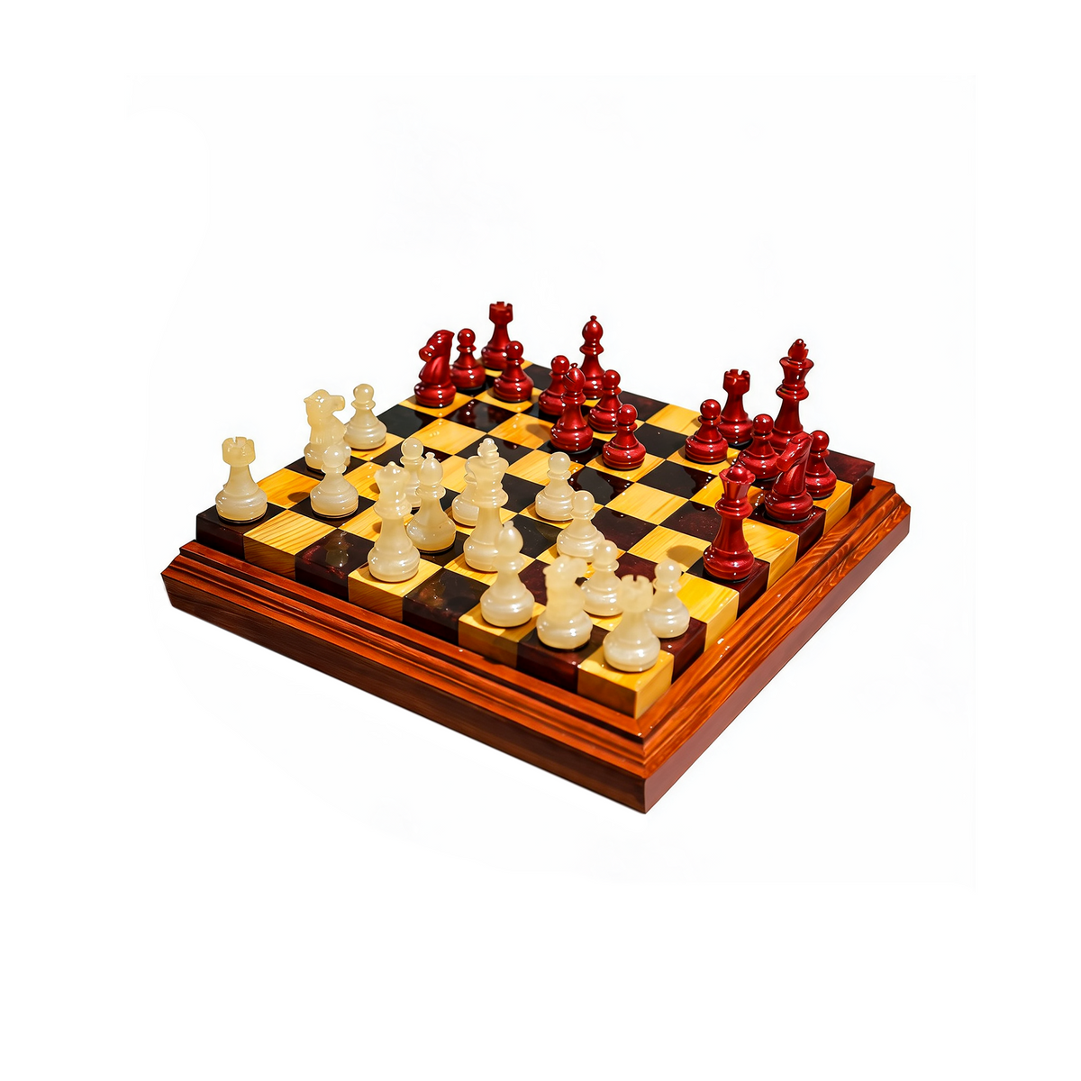 Crimson Pearl Handmade Chess Set | Pearl White & Red Wood & Epoxy Resin Granadas.store