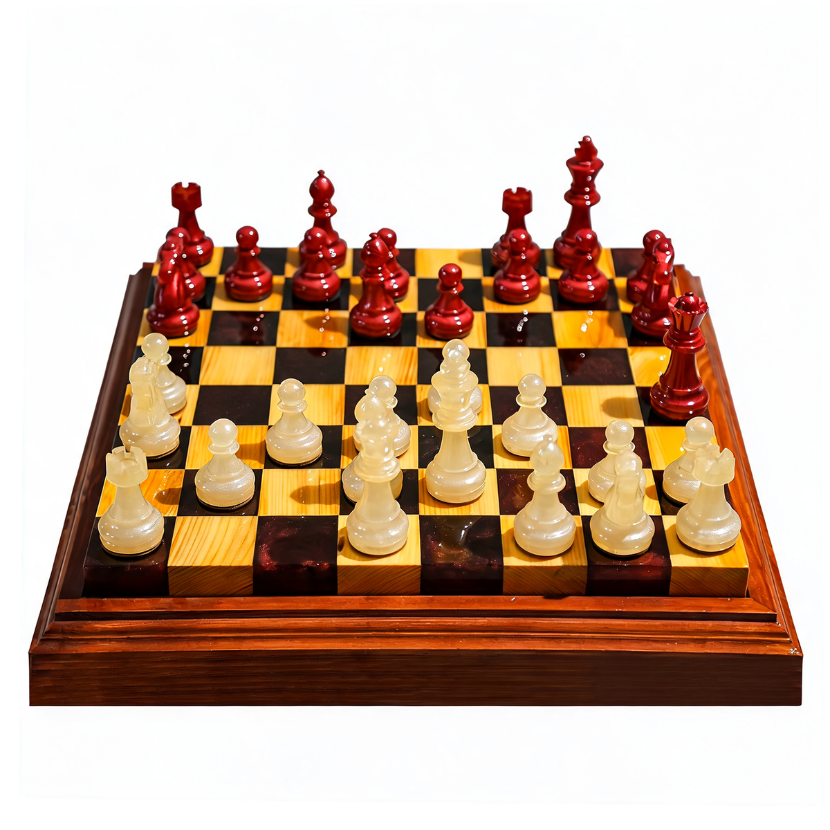 Crimson Pearl Handmade Chess Set | Pearl White & Red Wood & Epoxy Resin Granadas.store