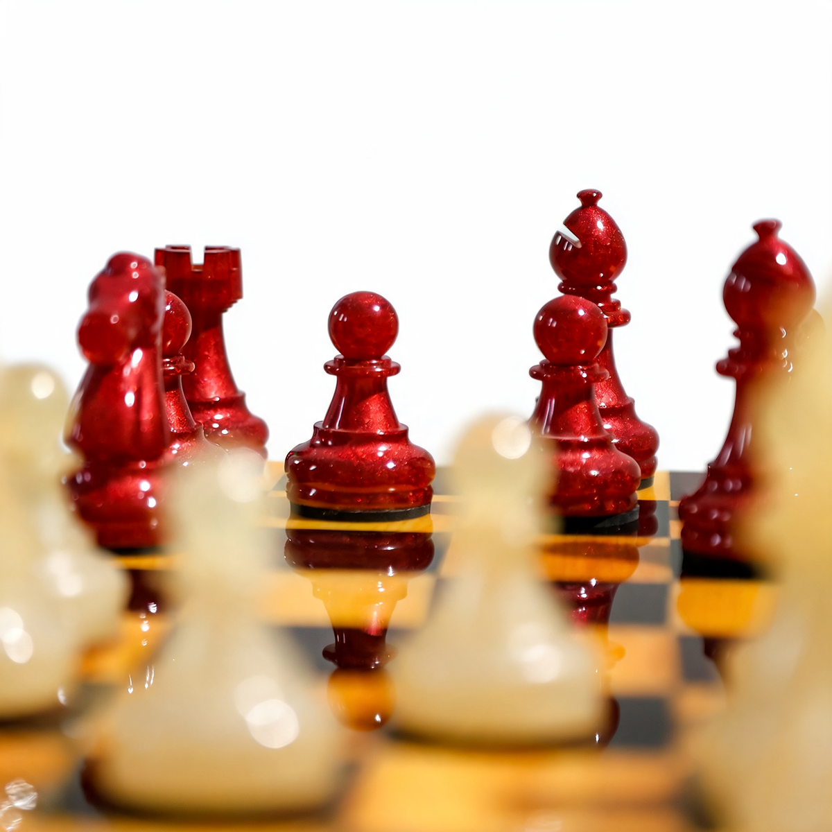 Crimson Pearl Handmade Chess Set | Pearl White & Red Wood & Epoxy Resin Granadas.store
