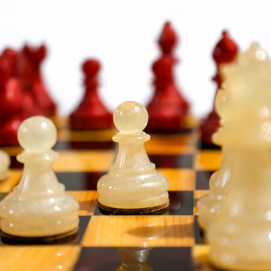 Crimson Pearl Handmade Chess Set | Pearl White & Red Wood & Epoxy Resin Granadas.store