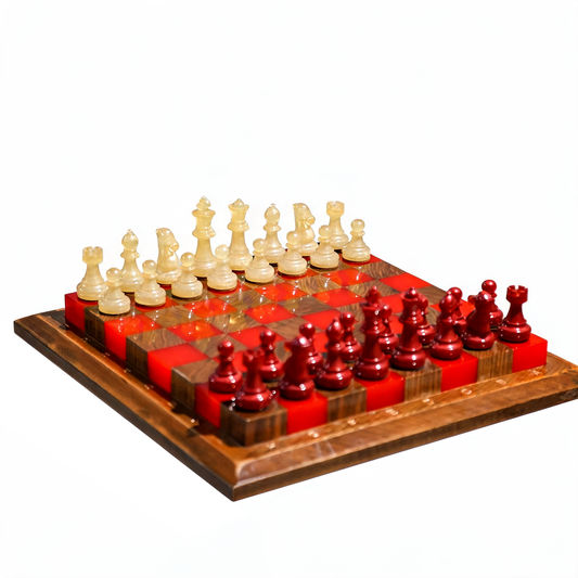 Crimson Glow Handmade Chess Set | Red & White Wood & Epoxy Resin Granadas.store