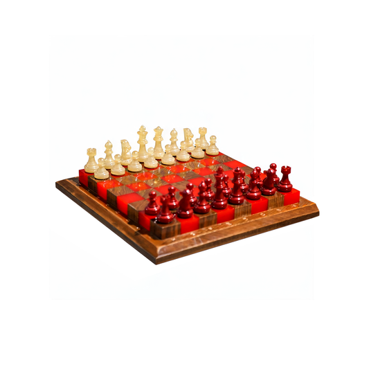 Crimson Glow Handmade Chess Set | Red & White Wood & Epoxy Resin Granadas.store