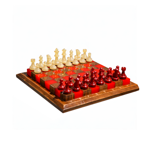 Crimson Glow Handmade Chess Set | Red & White Wood & Epoxy Resin Granadas.store