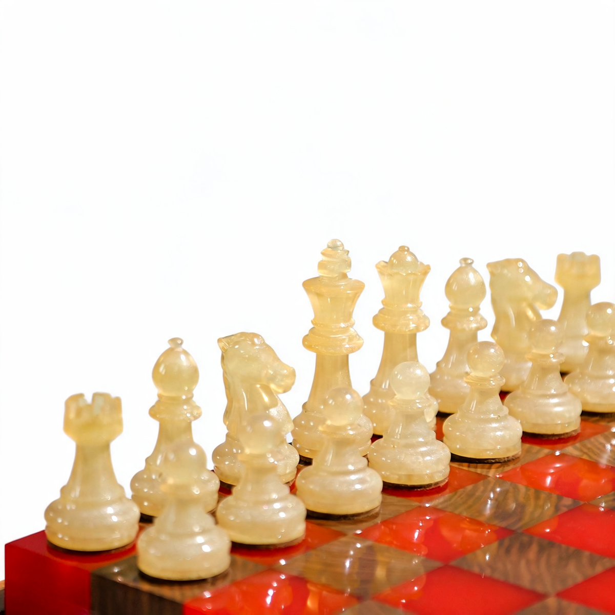 Crimson Glow Handmade Chess Set | Red & White Wood & Epoxy Resin Granadas.store