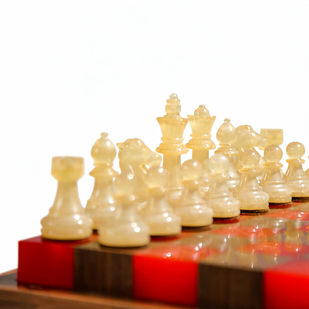 Crimson Glow Handmade Chess Set | Red & White Wood & Epoxy Resin Granadas.store
