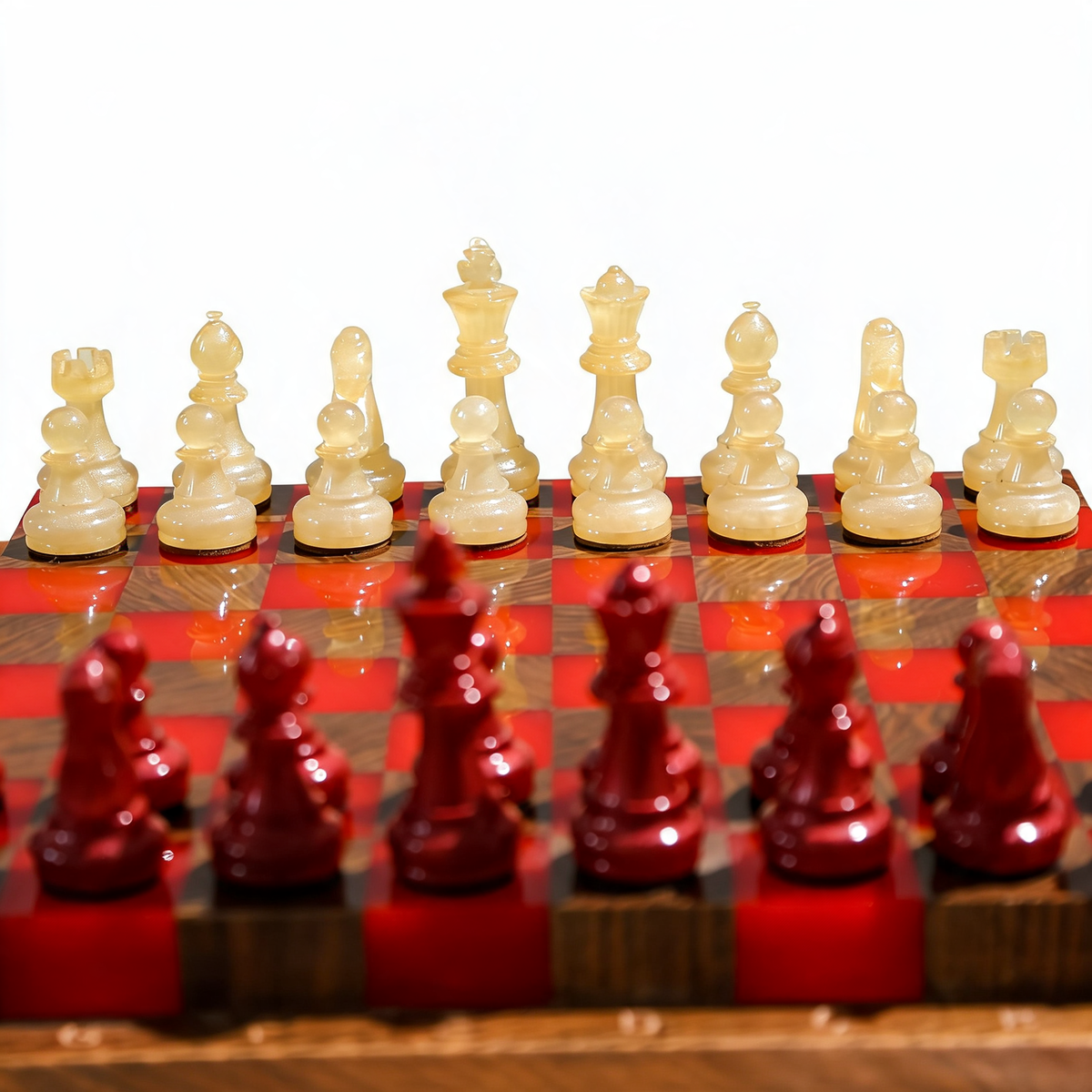 Crimson Glow Handmade Chess Set | Red & White Wood & Epoxy Resin Granadas.store