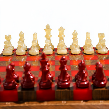 Crimson Glow Handmade Chess Set | Red & White Wood & Epoxy Resin Granadas.store