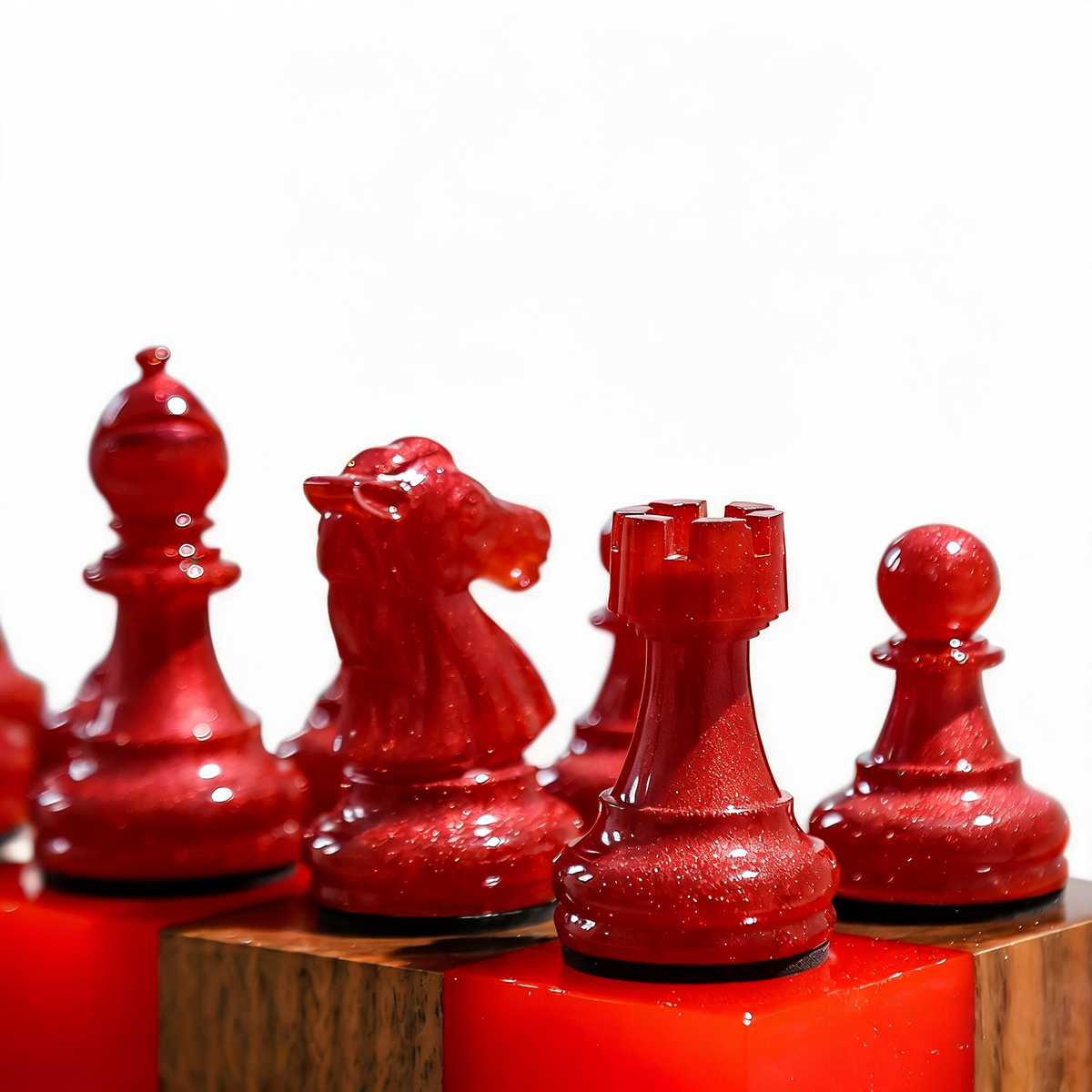Crimson Glow Handmade Chess Set | Red & White Wood & Epoxy Resin Granadas.store