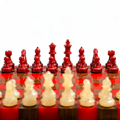 Crimson Glow Handmade Chess Set | Red & White Wood & Epoxy Resin Granadas.store