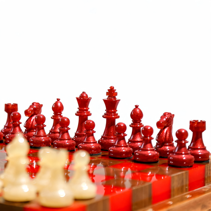 Crimson Glow Handmade Chess Set | Red & White Wood & Epoxy Resin Granadas.store