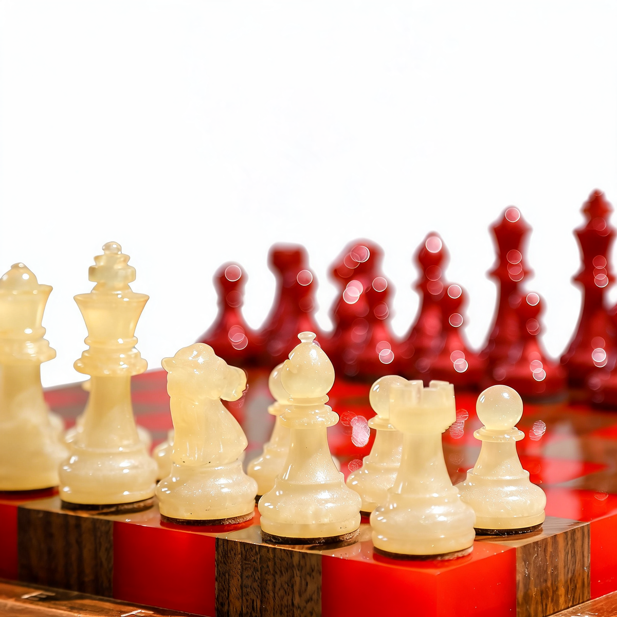 Crimson Glow Handmade Chess Set | Red & White Wood & Epoxy Resin Granadas.store