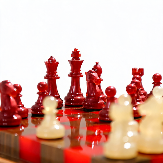 Crimson Glow Handmade Chess Set | Red & White Wood & Epoxy Resin Granadas.store