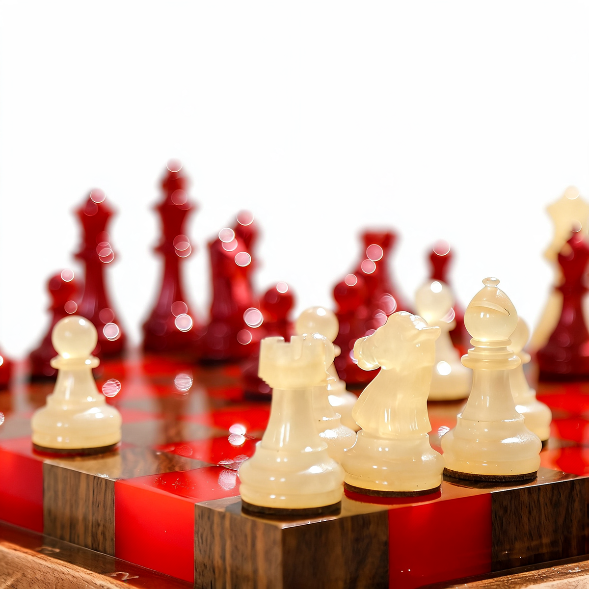 Crimson Glow Handmade Chess Set | Red & White Wood & Epoxy Resin Granadas.store