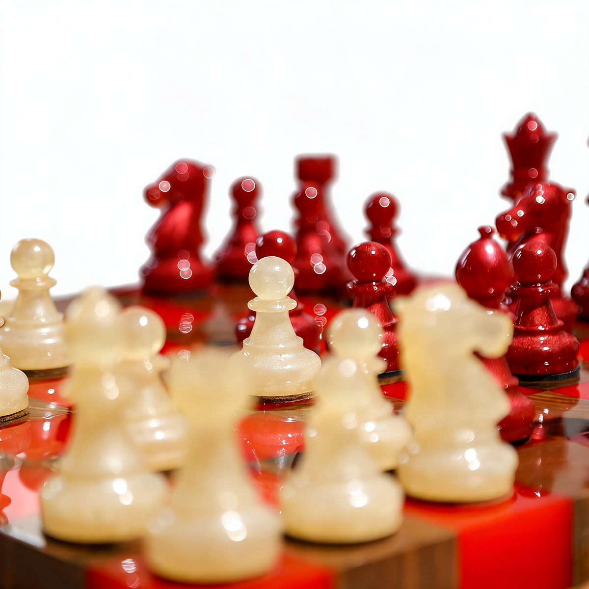 Crimson Glow Handmade Chess Set | Red & White Wood & Epoxy Resin Granadas.store