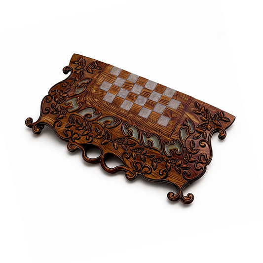 Ornate Wooden Chess & Backgammon Set / Carved Wood & Epoxy Resin Granadas.store