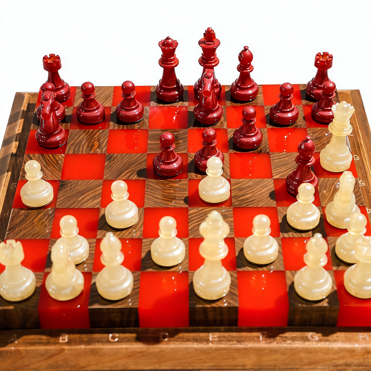 Crimson Glow Handmade Chess Set | Red & White Wood & Epoxy Resin Granadas.store